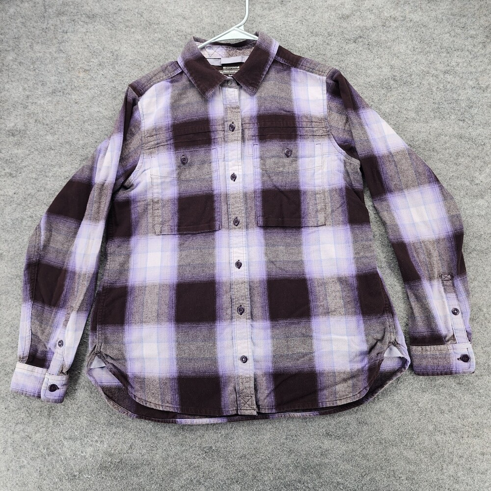 REI Cooperative Shirt Womens Medium Button Up Purple Black Plaid Flannel